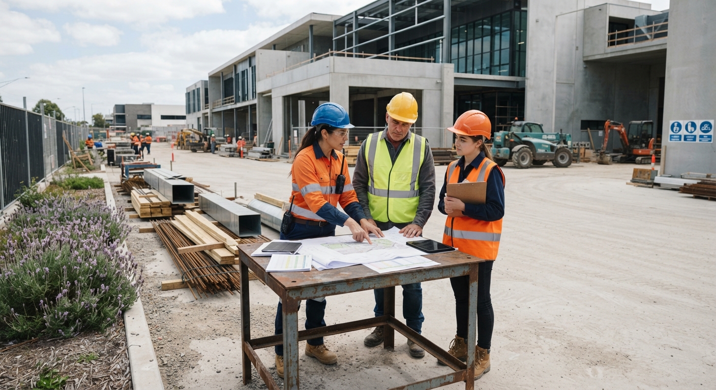 A project team reviewing plans on site